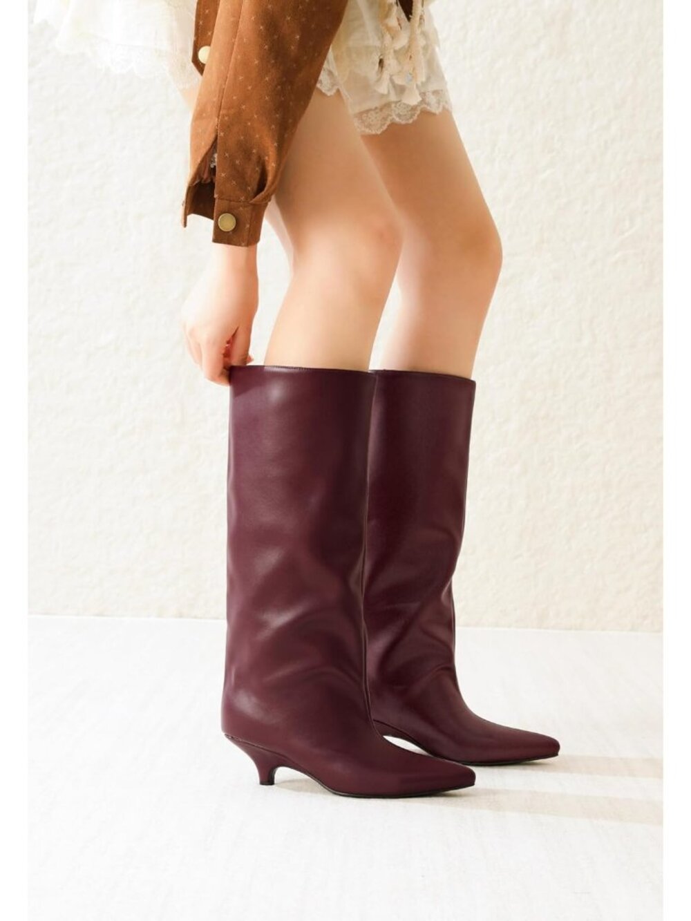 Women Burgundy Faux Leather Pointed-Toe Wide Calf Low Kitten Knee-High Boot - Picture 3 of 5